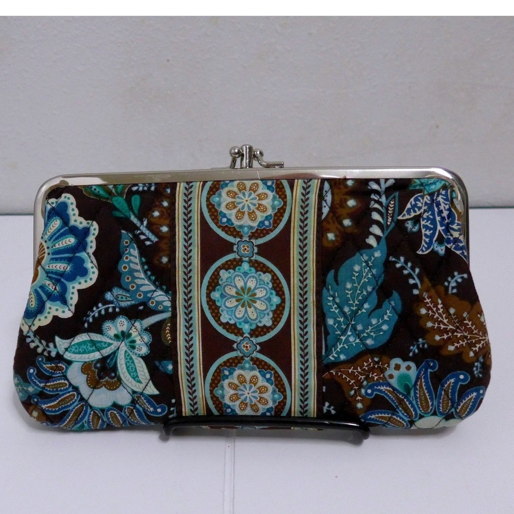 Vera Bradley Double Kisslock Clutch Brown Blue Provencal Quilted Floral Paisley